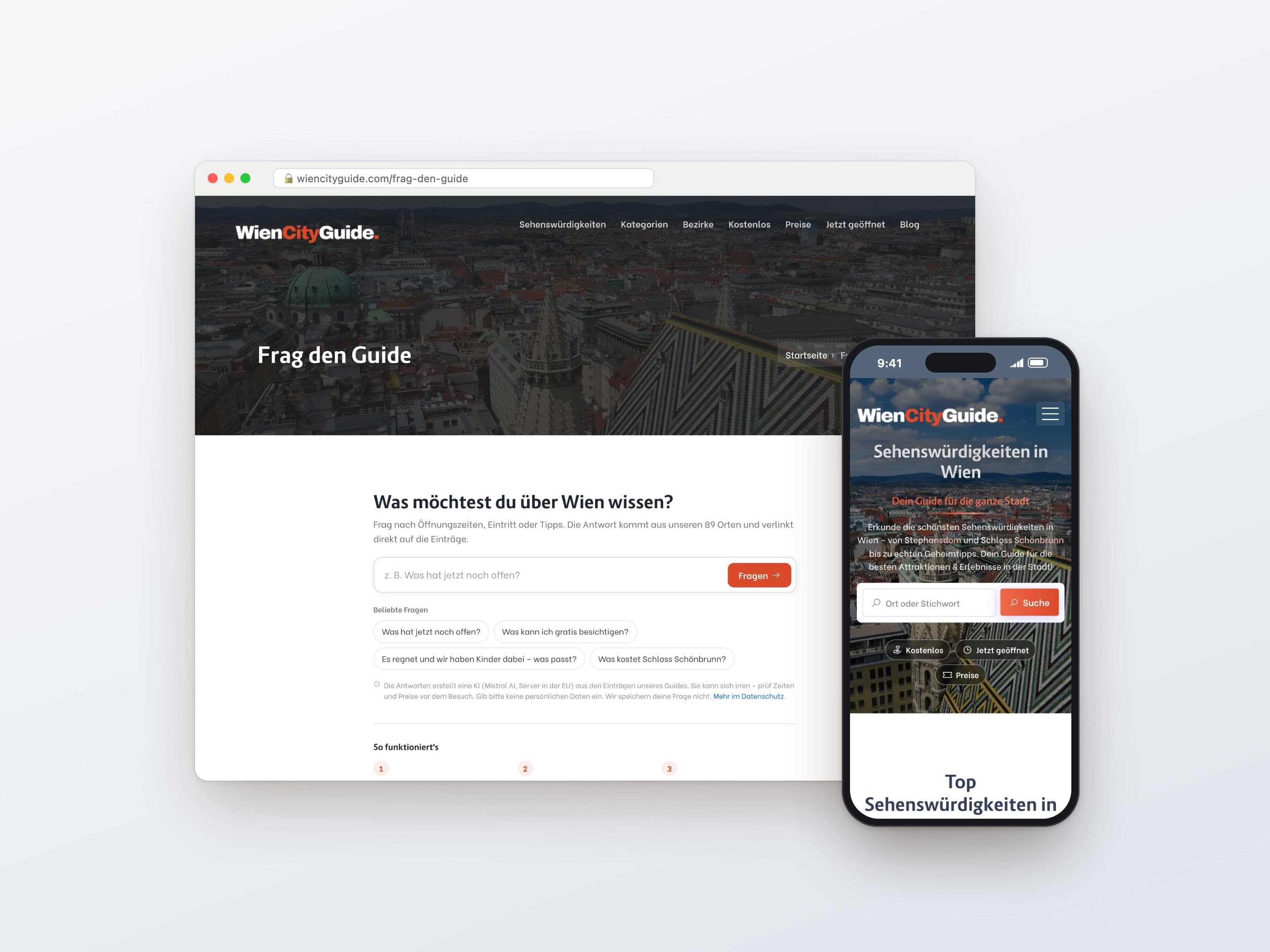 „Frag den Guide“ mit KI-Assistent im Browser, Startseite am Smartphone