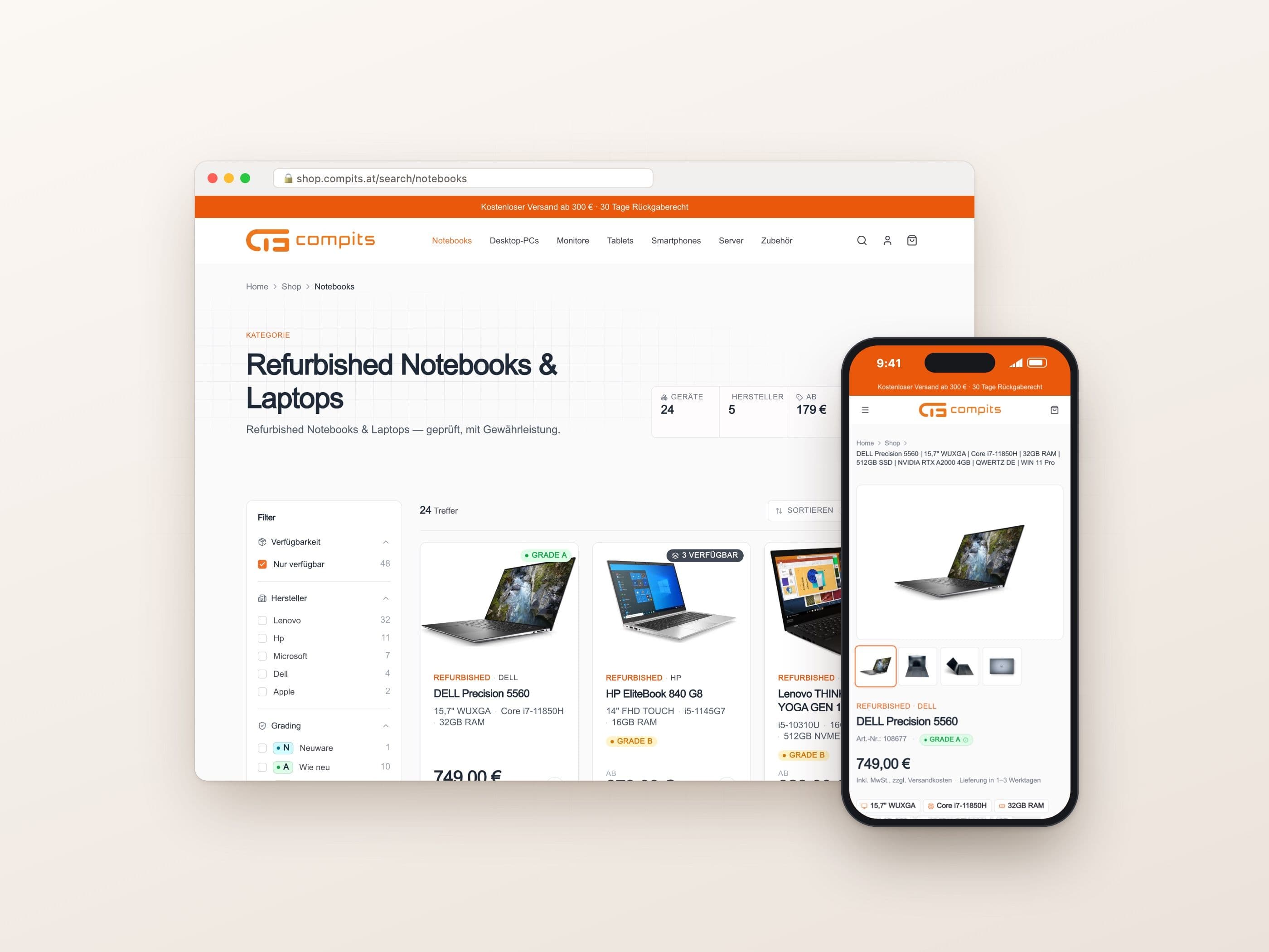 Kategorieseite Notebooks mit Filtern nach Hersteller und Zustand, daneben eine Produktseite am Smartphone