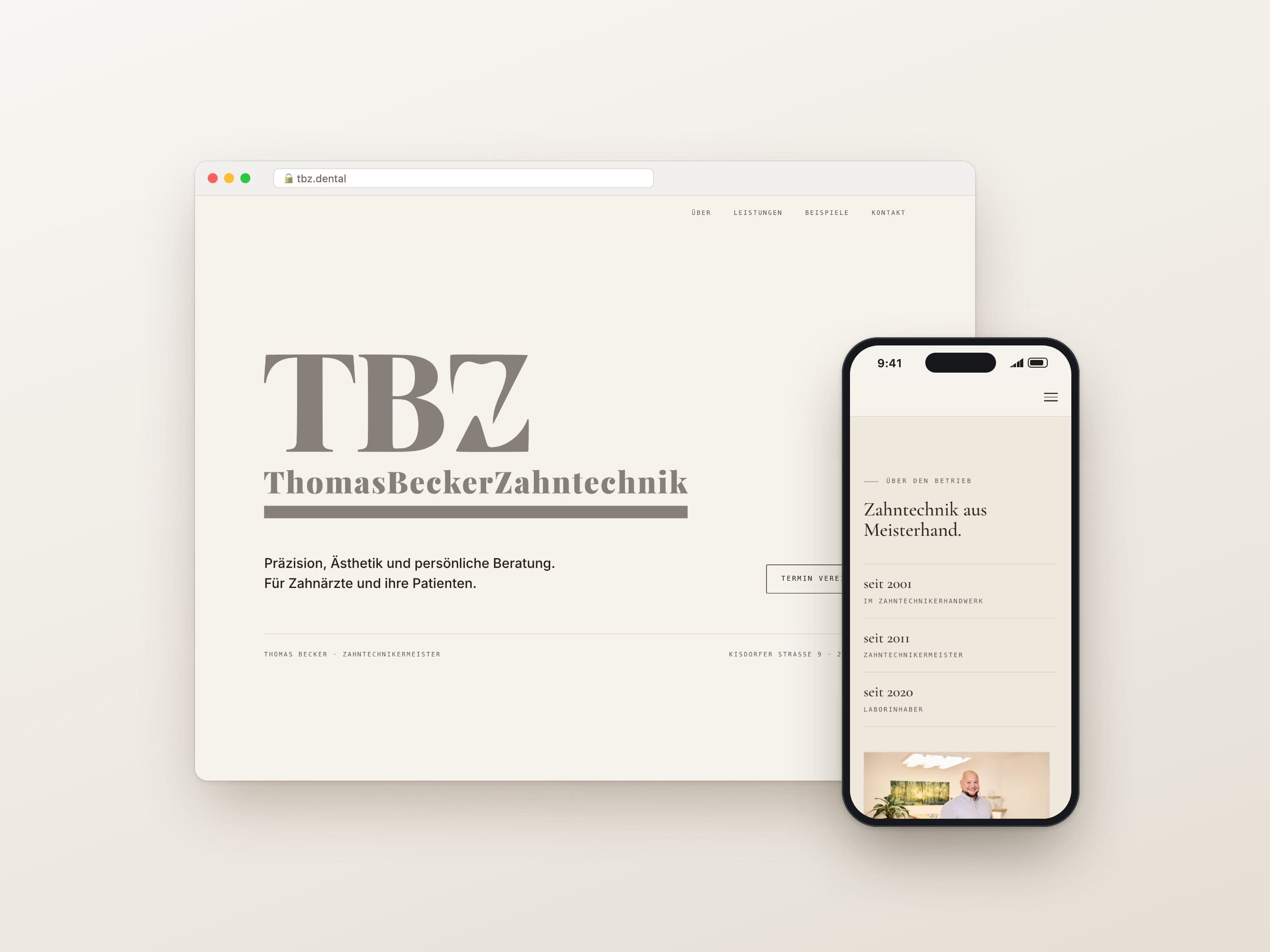 TBZ Thomas Becker Zahntechnik website: home page in the browser, the about section on a phone