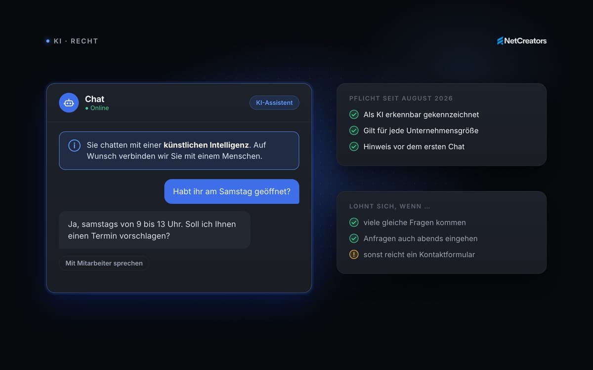 KI-Chatbot auf der Website: Was seit August 2026 Pflicht ist, was er kostet und wann er sich lohnt