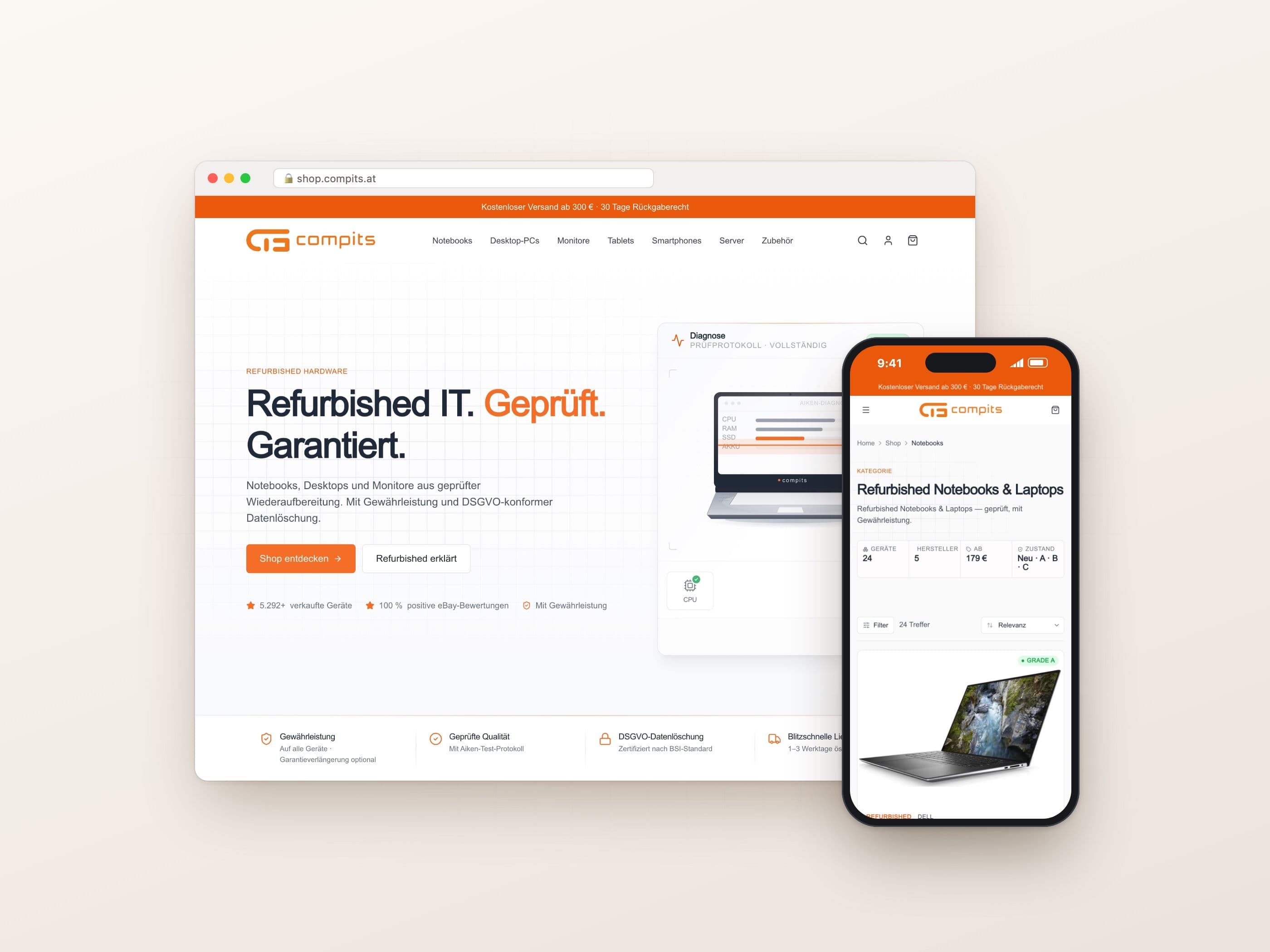 compits Shop für refurbished IT-Hardware: Startseite im Browser und Notebook-Kategorie am Smartphone