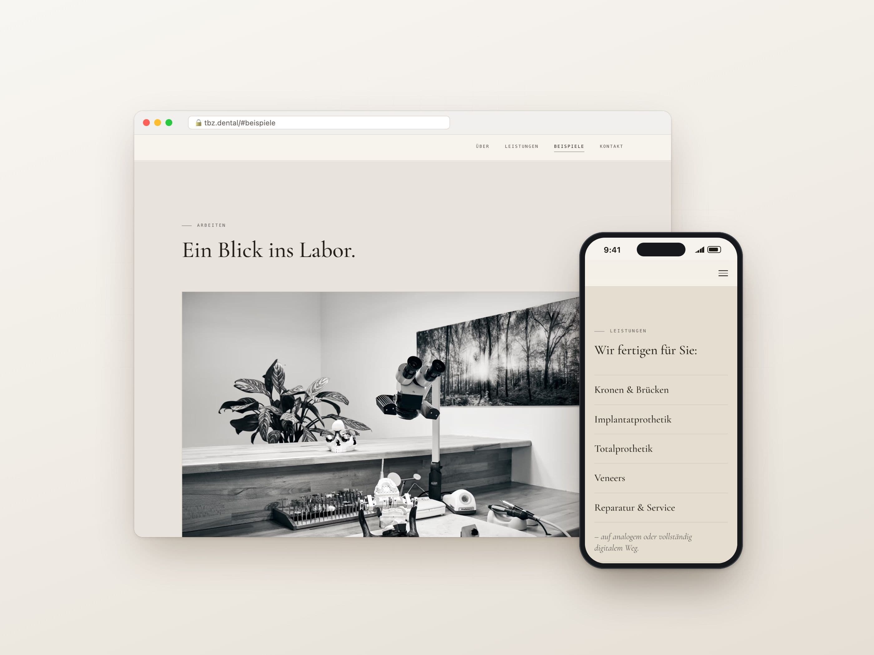 Lab gallery in the browser, list of services on a phone