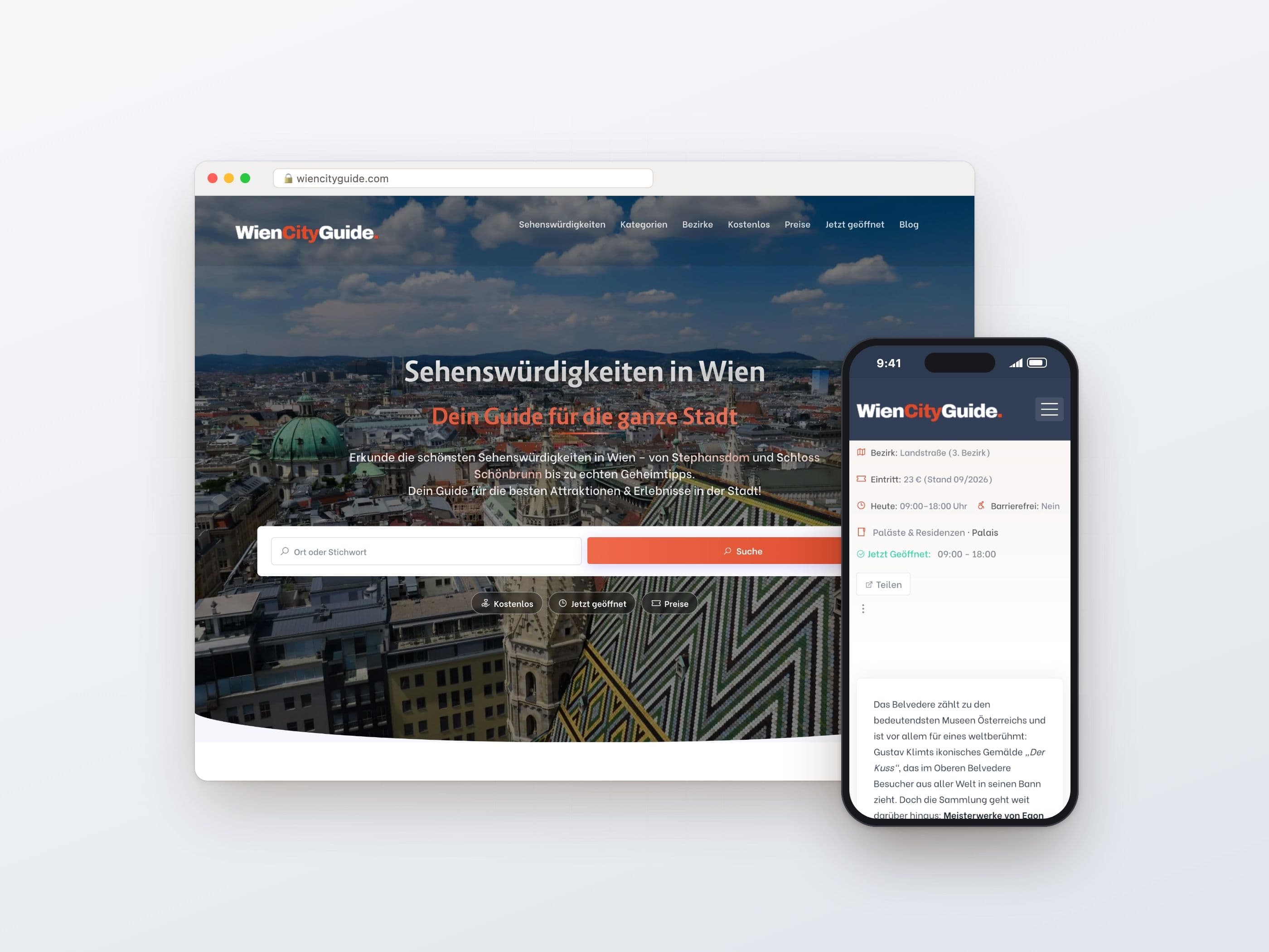 WienCityGuide.com: Startseite im Browser, Ortsseite mit Eintrittspreis und Live-Öffnungsstatus am Smartphone